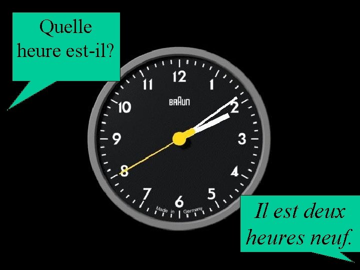 Quelle heure est-il? Il est deux heures neuf. 