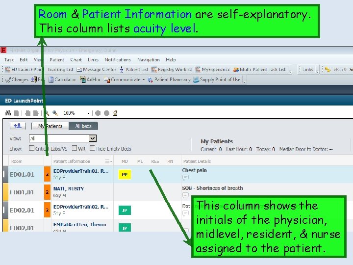 Room & Patient Information are self-explanatory. This column lists acuity level. This column shows
