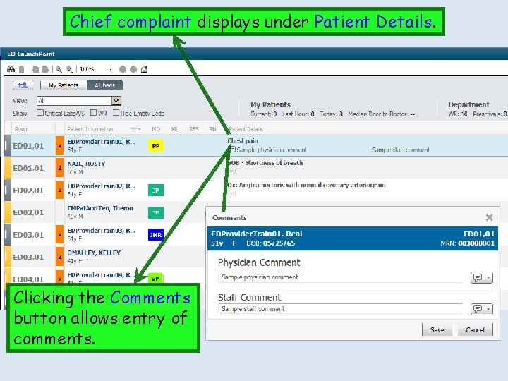 Chief complaint displays under Patient Details. Clicking the Comments button allows entry of comments.