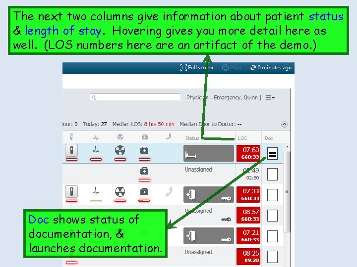 The next two columns give information about patient status & length of stay. Hovering