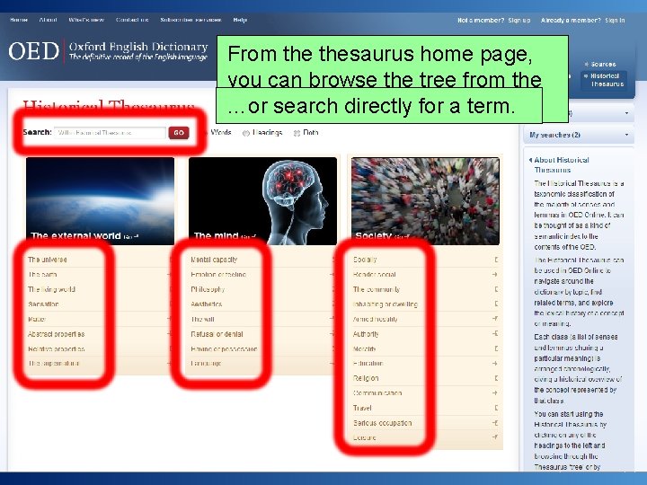 From thesaurus home page, you can browse the tree from the top levels downwards…