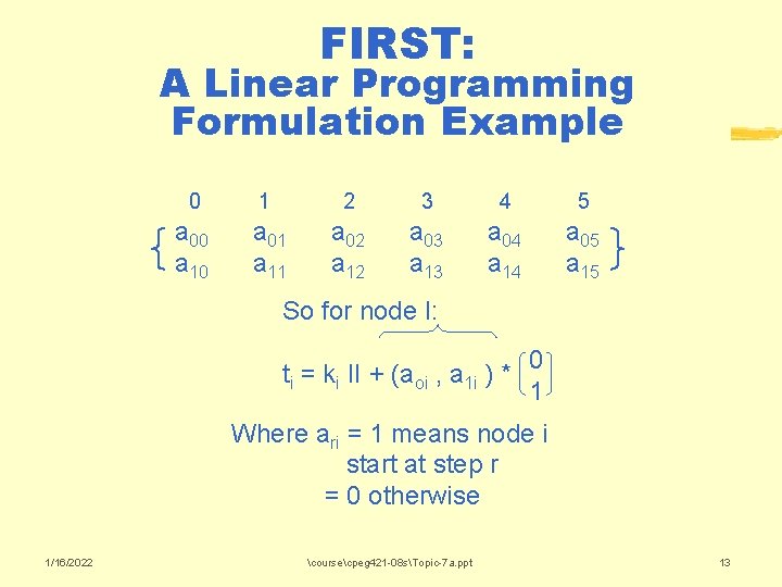 FIRST: A Linear Programming Formulation Example 0 1 2 3 4 5 a 00