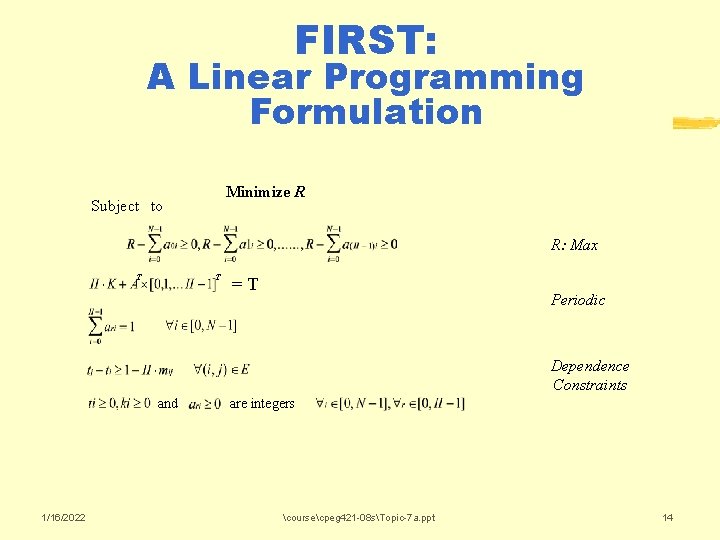 FIRST: A Linear Programming Formulation Minimize R Subject to R: Max T T =T