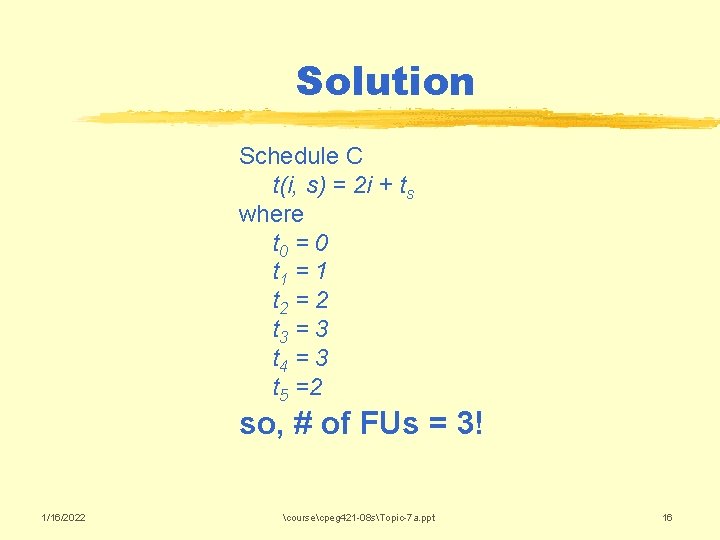 Solution Schedule C t(i, s) = 2 i + ts where t 0 =