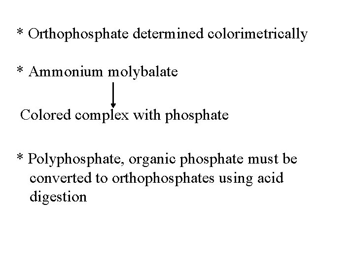 * Orthophosphate determined colorimetrically * Ammonium molybalate Colored complex with phosphate * Polyphosphate, organic