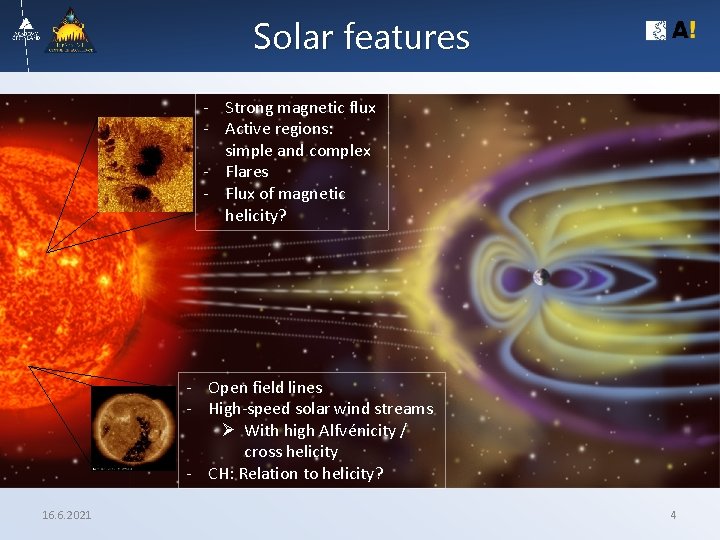Solar features - Strong magnetic flux - Active regions: simple and complex - Flares