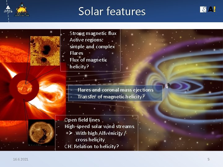 Solar features - Strong magnetic flux - Active regions: simple and complex - Flares