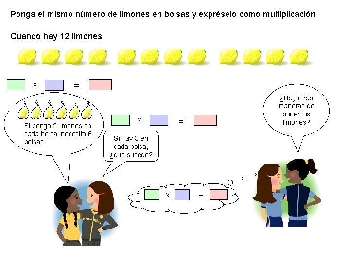 Ponga el mismo número de limones en bolsas y expréselo como multiplicación Cuando hay