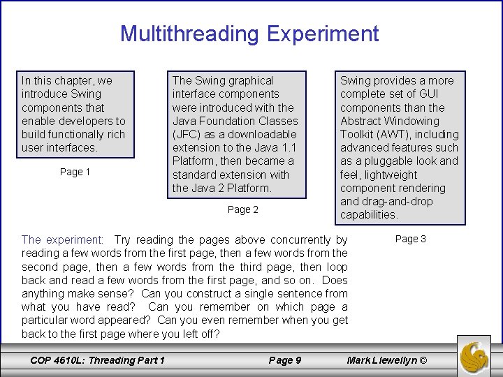 Multithreading Experiment In this chapter, we introduce Swing components that enable developers to build