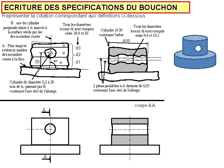 ECRITURE DES SPECIFICATIONS DU BOUCHON Représenter la cotation correspondant aux définitions ci-dessous B :