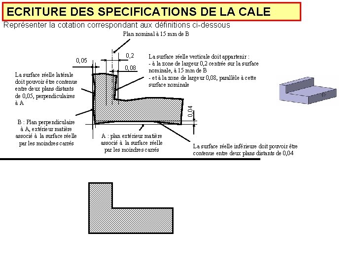 ECRITURE DES SPECIFICATIONS DE LA CALE Représenter la cotation correspondant aux définitions ci-dessous Plan