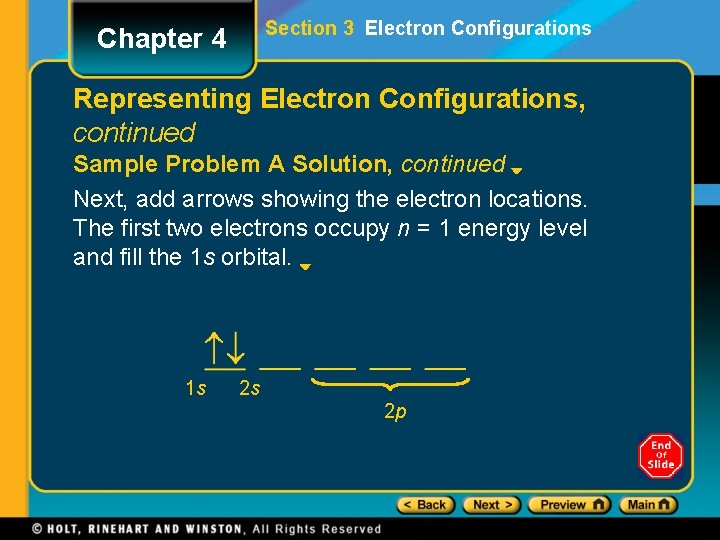 Section 3 Electron Configurations Chapter 4 Representing Electron Configurations, continued Sample Problem A Solution,