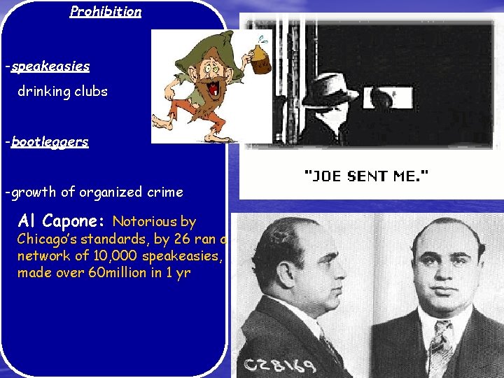 Prohibition -speakeasies drinking clubs -bootleggers -growth of organized crime Al Capone: Notorious by Chicago’s