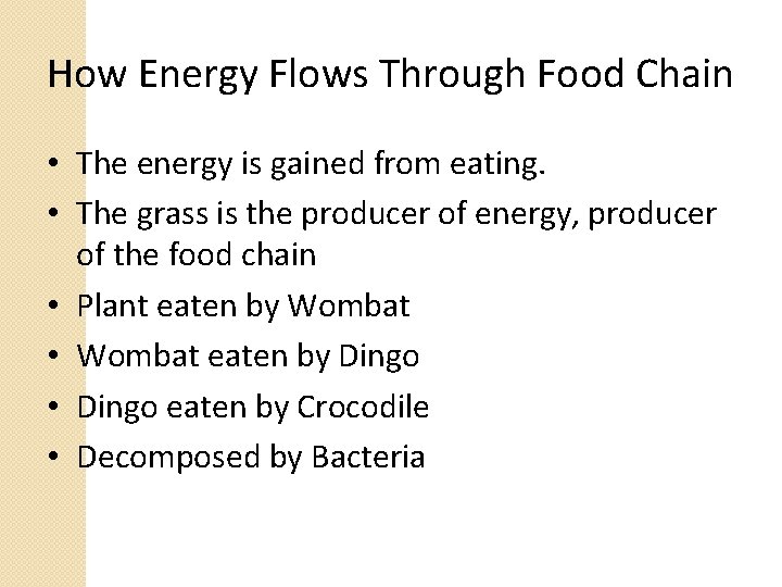 How Energy Flows Through Food Chain • The energy is gained from eating. •