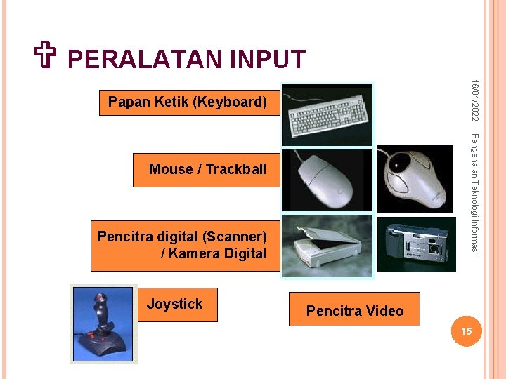15 – syurfah@gmail. com V PERALATAN INPUT 16/01/2022 Papan Ketik (Keyboard) Pengenalan Teknologi Informasi