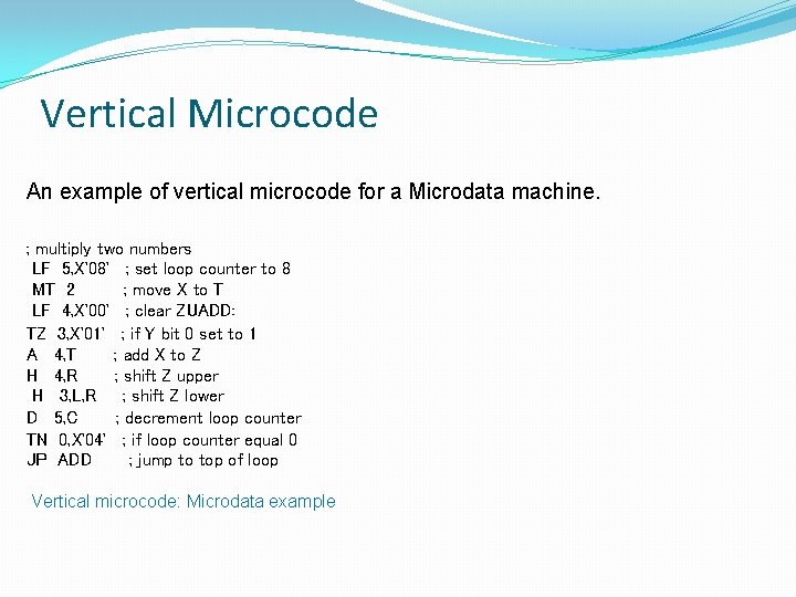 Vertical Microcode An example of vertical microcode for a Microdata machine. ; multiply two Vertical Microcode An example of vertical microcode for a Microdata machine. ; multiply two