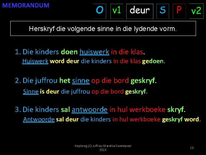 MEMORANDUM Herskryf die volgende sinne in die lydende vorm. 1. Die kinders doen huiswerk