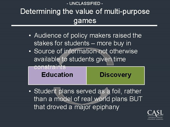 - UNCLASSIFIED - Determining the value of multi-purpose games • Audience of policy makers