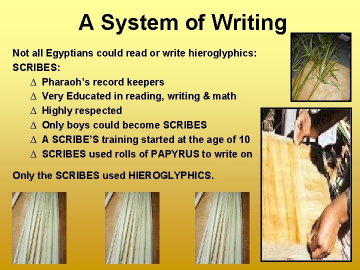 A System of Writing Not all Egyptians could read or write hieroglyphics: SCRIBES: ∆