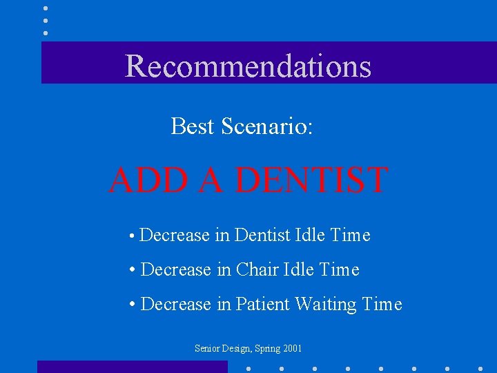 Recommendations Best Scenario: ADD A DENTIST • Decrease in Dentist Idle Time • Decrease