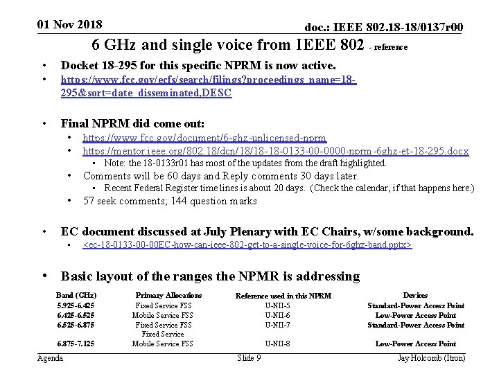 01 Nov 2018 doc. : IEEE 802. 18 -18/0137 r 00 6 GHz and