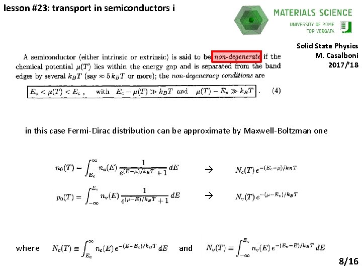 lesson #23: transport in semiconductors i Solid State Physics M. Casalboni 2017/’ 18 in