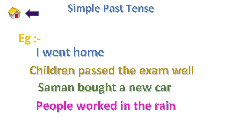 Simple Past Tense Eg : I went home Children passed the exam well Saman