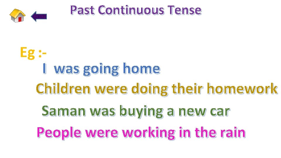 Past Continuous Tense Eg : I was going home Children were doing their homework