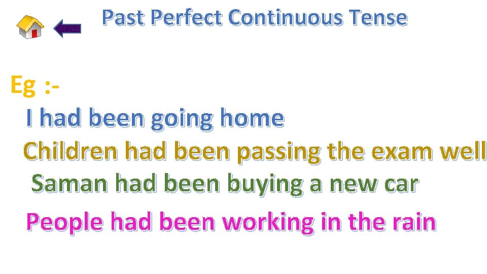 Past Perfect Continuous Tense Eg : I had been going home Children had been