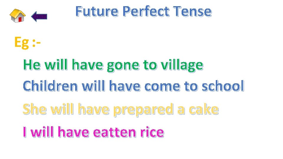 Future Perfect Tense Eg : He will have gone to village Children will have