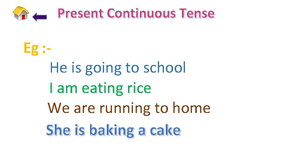 Present Continuous Tense Eg : He is going to school I am eating rice