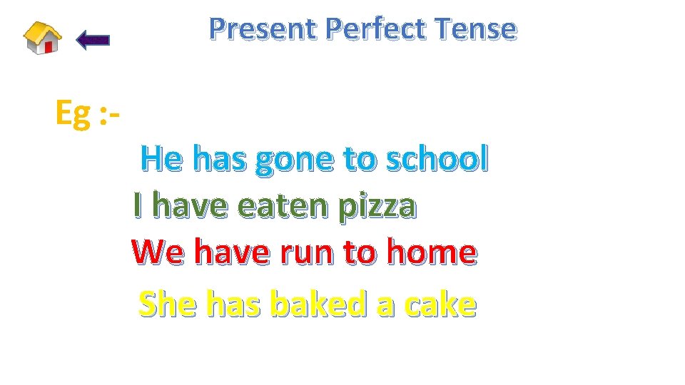 Present Perfect Tense Eg : - He has gone to school I have eaten