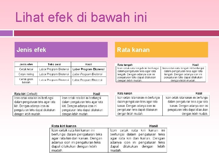 Lihat efek di bawah ini Jenis efek Rata kanan 