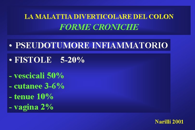 LA MALATTIA DIVERTICOLARE DEL COLON FORME CRONICHE • PSEUDOTUMORE INFIAMMATORIO • FISTOLE 5 -20% LA MALATTIA DIVERTICOLARE DEL COLON FORME CRONICHE • PSEUDOTUMORE INFIAMMATORIO • FISTOLE 5 -20%