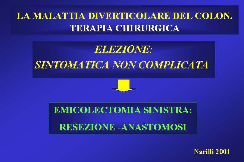 LA MALATTIA DIVERTICOLARE DEL COLON. TERAPIA CHIRURGICA ELEZIONE: SINTOMATICA NON COMPLICATA EMICOLECTOMIA SINISTRA: RESEZIONE LA MALATTIA DIVERTICOLARE DEL COLON. TERAPIA CHIRURGICA ELEZIONE: SINTOMATICA NON COMPLICATA EMICOLECTOMIA SINISTRA: RESEZIONE