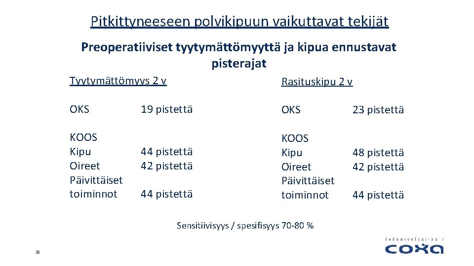 Pitkittyneeseen polvikipuun vaikuttavat tekijät Preoperatiiviset tyytymättömyyttä ja kipua ennustavat pisterajat Tyytymättömyys 2 v Rasituskipu