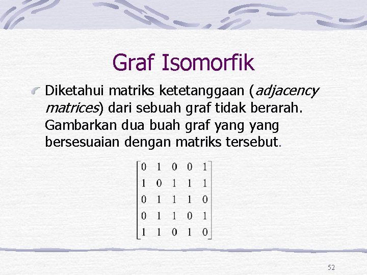 Graf Isomorfik Diketahui matriks ketetanggaan (adjacency matrices) dari sebuah graf tidak berarah. Gambarkan dua