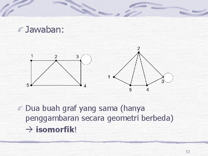 Jawaban: Dua buah graf yang sama (hanya penggambaran secara geometri berbeda) isomorfik! 53 