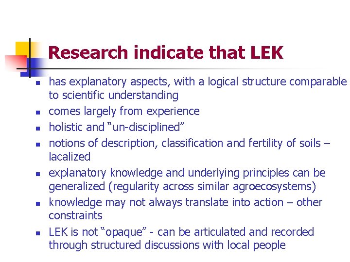 Research indicate that LEK n n n n has explanatory aspects, with a logical