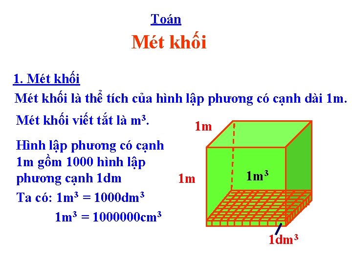 Toán Mét khối 1. Mét khối là thể tích của hình lập phương có