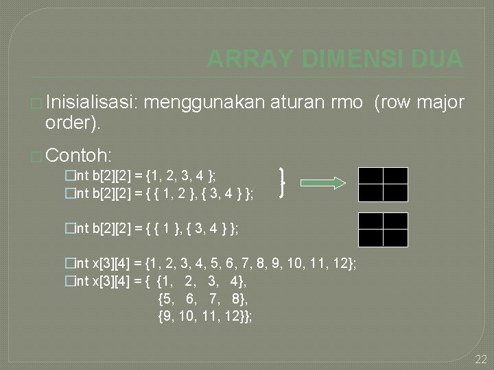 ARRAY DIMENSI DUA � Inisialisasi: order). menggunakan aturan rmo (row major � Contoh: �int
