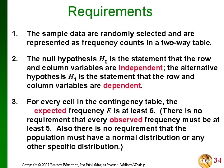 Requirements 1. The sample data are randomly selected and are represented as frequency counts