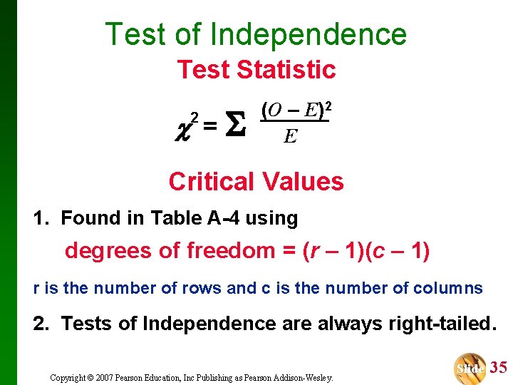 Test of Independence Test Statistic = 2 (O – E)2 E Critical Values 1.