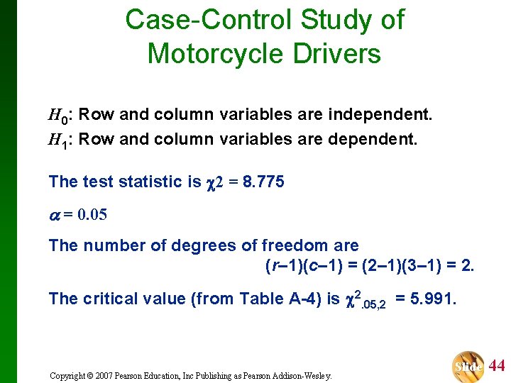 Case-Control Study of Motorcycle Drivers H 0: Row and column variables are independent. H