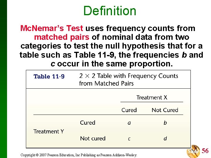 Definition Mc. Nemar’s Test uses frequency counts from matched pairs of nominal data from