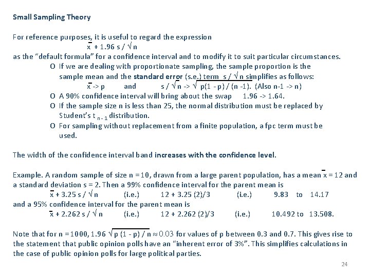Small Sampling Theory For reference purposes, it is useful to regard the expression x