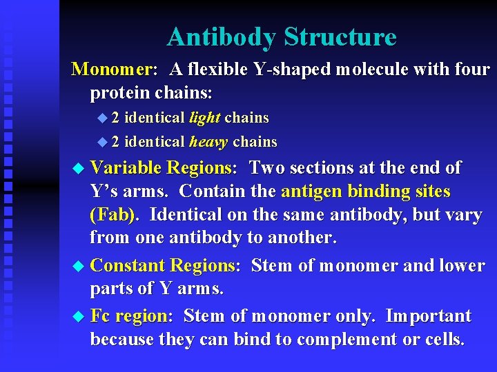 Antibody Structure Monomer: A flexible Y-shaped molecule with four protein chains: u 2 identical
