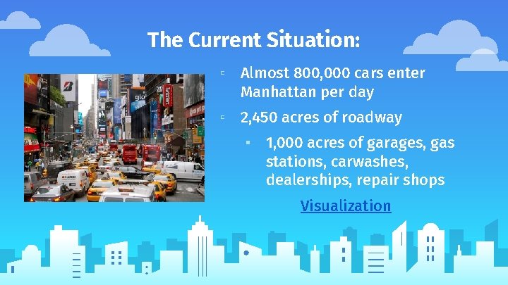 The Current Situation: ▫ Almost 800, 000 cars enter Manhattan per day ▫ 2,