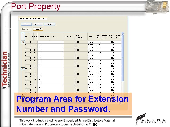 Port Property Program Area for Extension Number and Password. 2008 