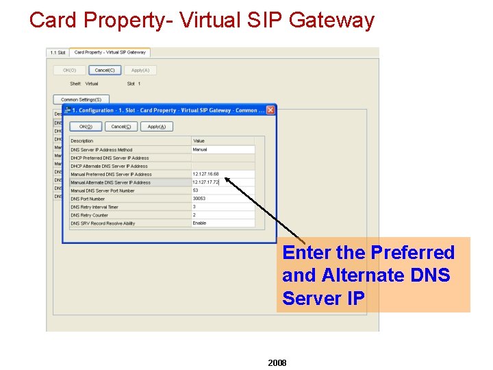 Card Property- Virtual SIP Gateway Enter the Preferred and Alternate DNS Server IP 2008